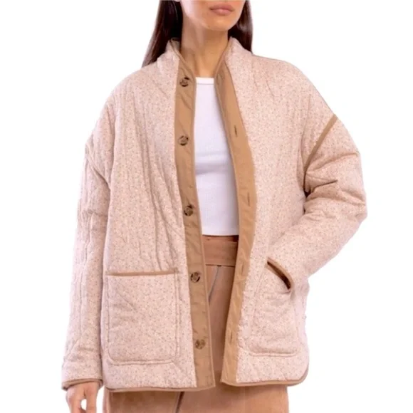 NEW BLANK NYC Reversible Quilted Puffy Cream/Pink Floral Print Button-up Jacket - Picture 2 of 13